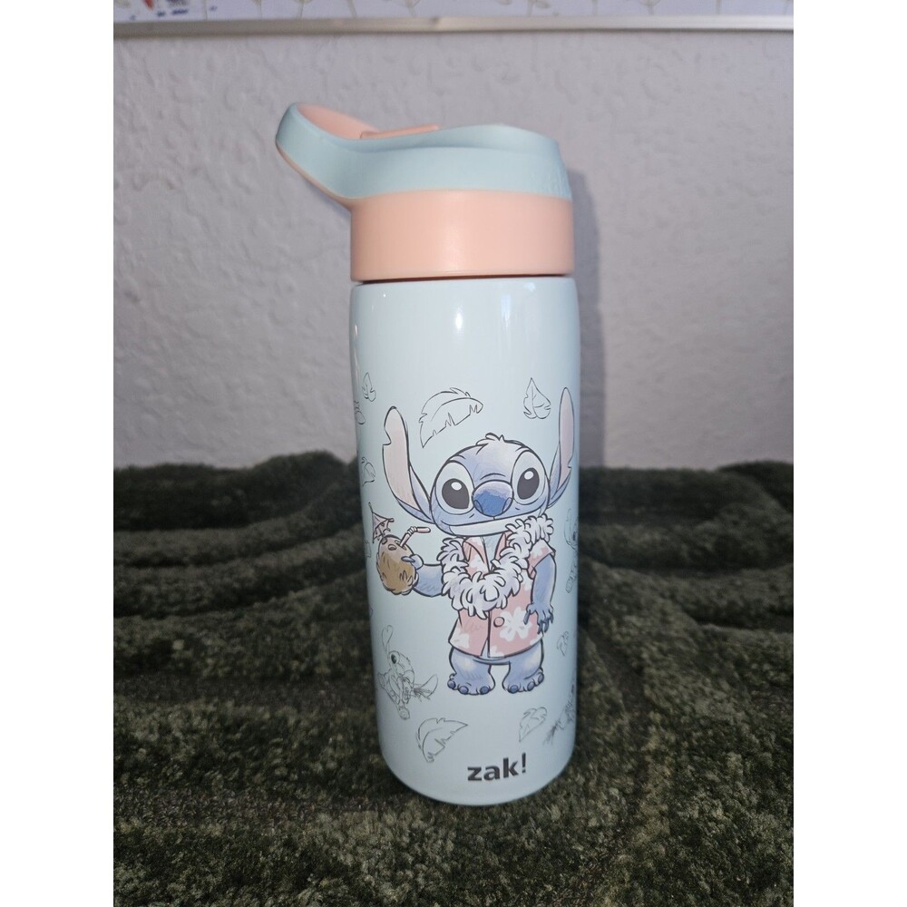 Zak Designs Disney Stitch Kids Water Bottle w/ Straw & Handle, Blue Pink